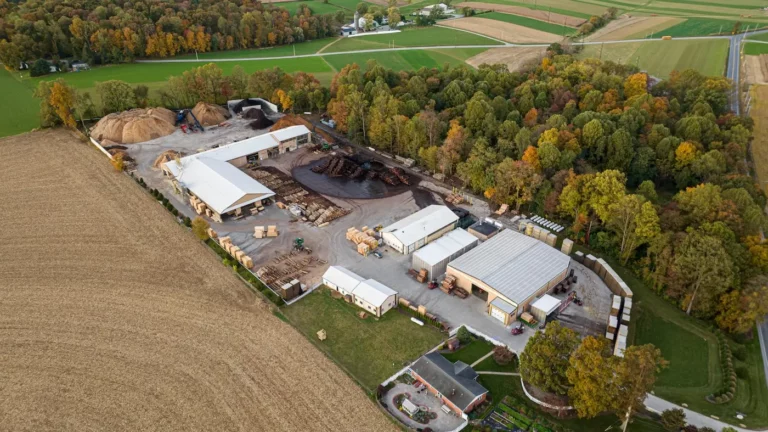 A drone shot of the Stoltzfus Forest Products buildings.