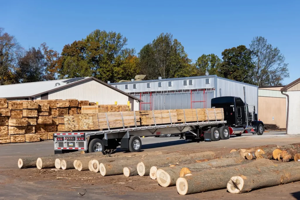 Semi truck loaded with hardwood lumber.